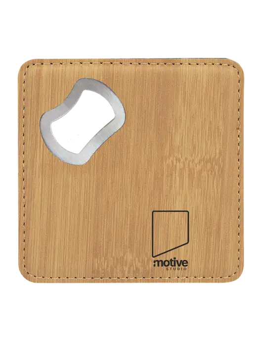 Bamboo Leatherette Coaster with Bottle Opener w/Motive Studio Logo