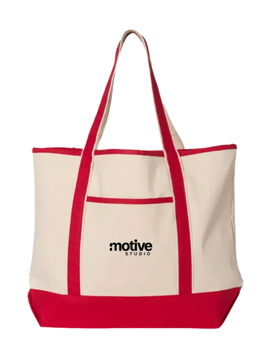 Natural/Red Large Canvas Deluxe Tote w/Motive Studio Logo