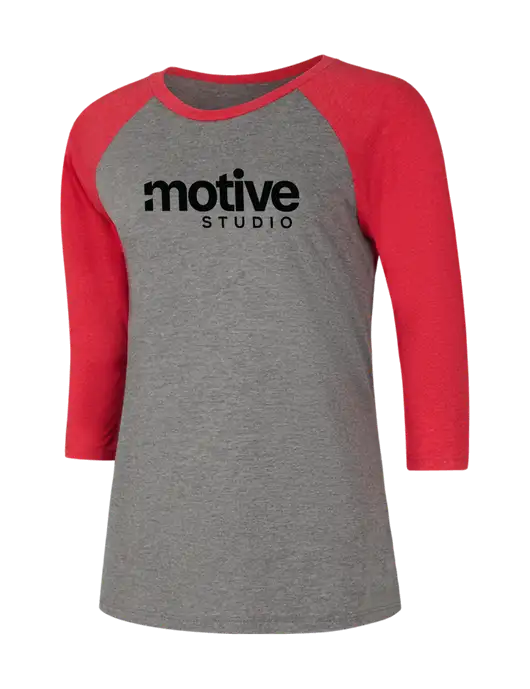 Womens Simply Soft 3/4 Sleeve Red Frost/Grey Frost Ring Spun Cotton T-Shirt w/Motive Studio Logo