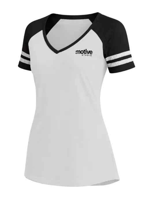Womens White/Black V-Neck Game Tee w/Motive Studio Logo