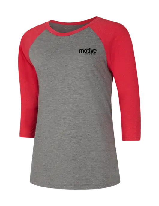 Womens Simply Soft 3/4 Sleeve Red Frost/Grey Frost Ring Spun Cotton T-Shirt w/Motive Studio Logo