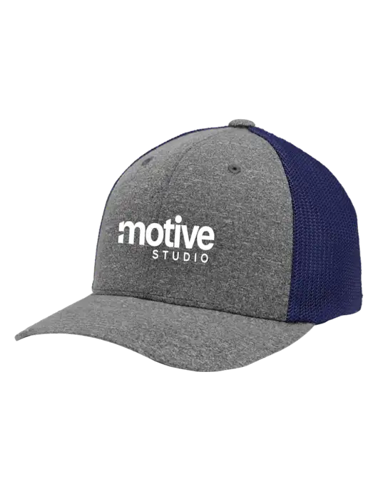 Flexfit Navy/Medium Grey Heather Melange Mesh Back Trucker Cap w/Motive Studio Logo