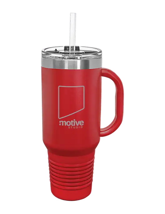 Polar Camel 40 oz. Powder Coated Vacuum Insulated Red Travel Mug with Straw w/Motive Studio Logo