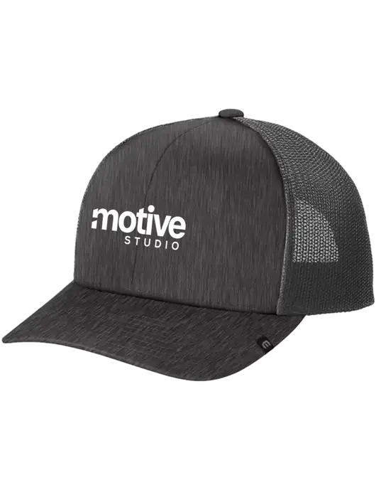 TravisMathew Very Dark Grey Heather Cruz Trucker Cap w/Motive Studio Logo