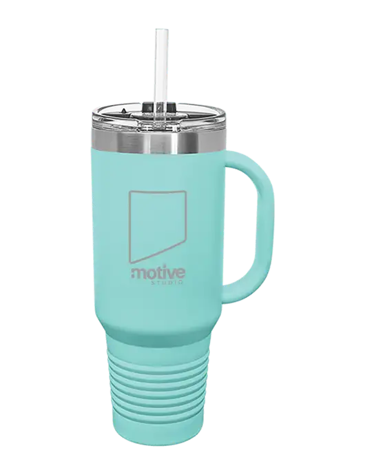 Polar Camel 40 oz. Powder Coated Vacuum Insulated Seafoam Travel Mug with Straw w/Motive Studio Logo