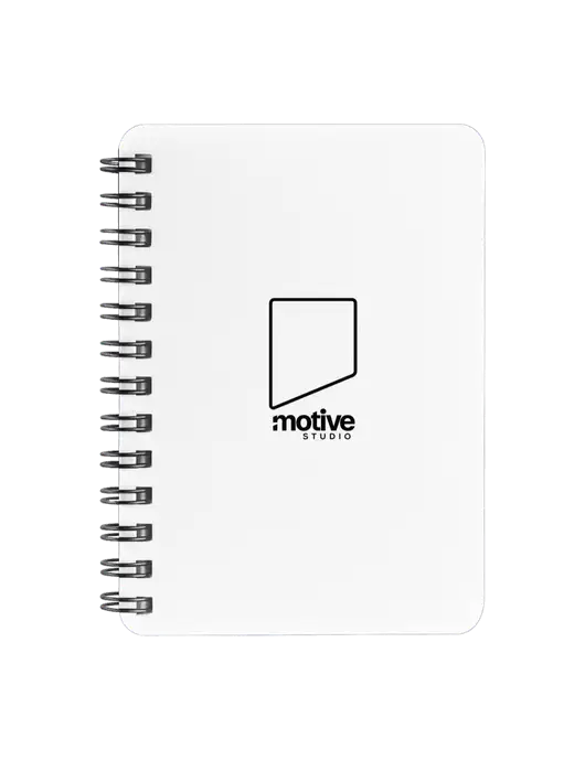 Sturdy White Hardcover Notebook, 5.25 x 7 w/Motive Studio Logo
