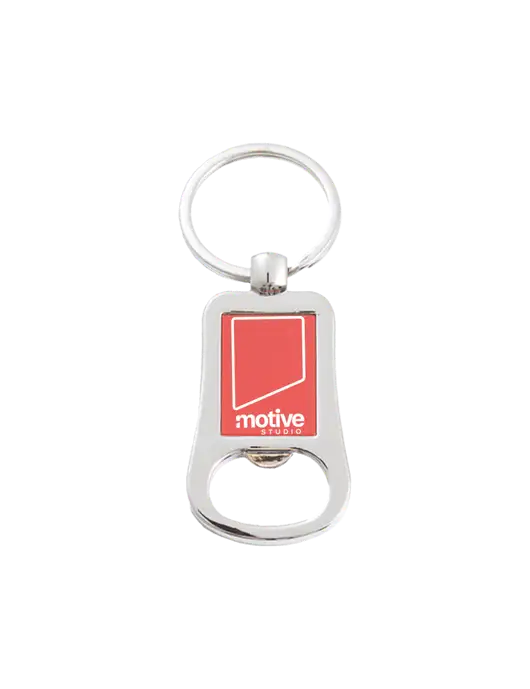 Silver & Red Bottle Opener Keychain w/Motive Studio Logo