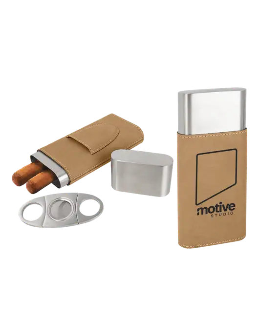 Tan Leatherette Cigar Case with Cutter w/Motive Studio Logo