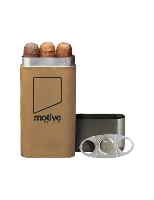 Tan Leatherette Cigar Case with Cutter w/Motive Studio Logo