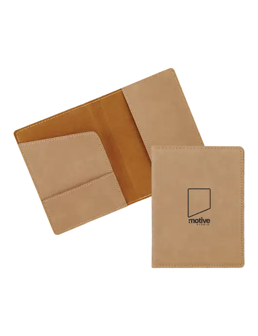 Tan Leatherette Passport Holder w/Motive Studio Logo