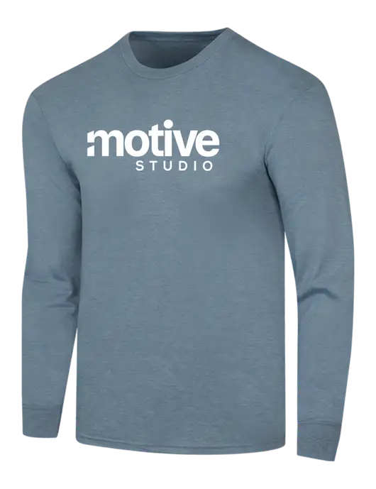 Simply Soft Long Sleeve Slate Blue Heather 4.5 oz, Poly/Combed Ring Spun Cotton T-Shirt w/Motive Studio Logo