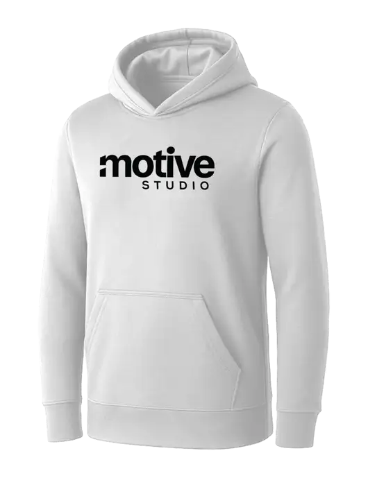 Womens White Core Fleece Pullover Hooded Sweatshirt w/Motive Studio Logo