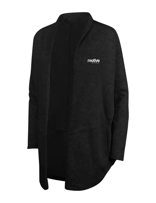 Deep Black/Charcoal Heather Womens Interlock Cardigan w/Motive Studio Logo