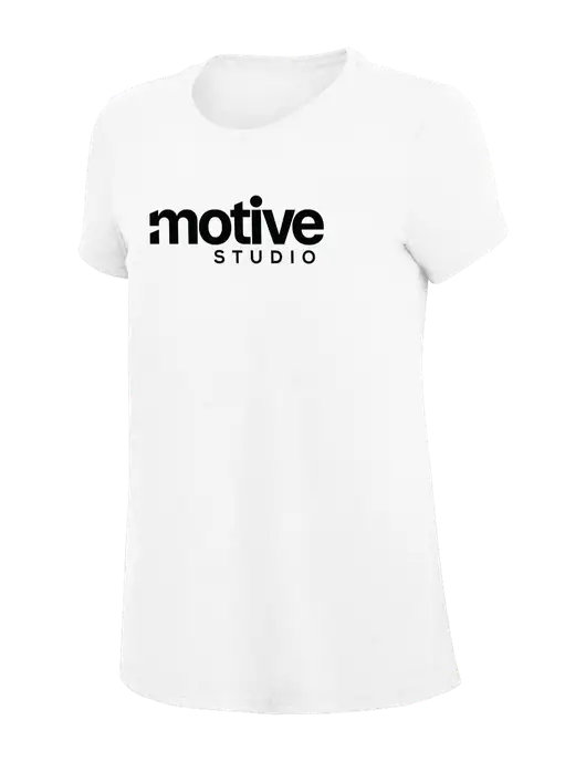 Womens Simply Soft White 4.5oz Poly/Combed Ring Spun Cotton T-Shirt
 w/Motive Studio Logo