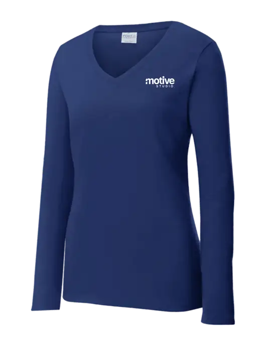 Womens  V-Neck Ring Spun Navy 4.5 oz Long Sleeve T-Shirt w/Motive Studio Logo