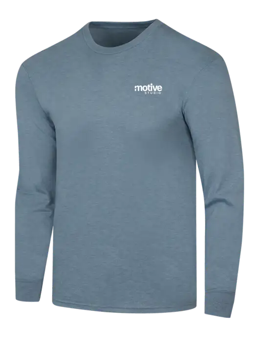 Simply Soft Long Sleeve Slate Blue Heather 4.5 oz, Poly/Combed Ring Spun Cotton T-Shirt w/Motive Studio Logo
