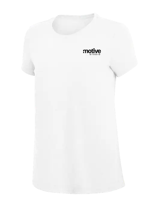 Womens Simply Soft White 4.5oz Poly/Combed Ring Spun Cotton T-Shirt
 w/Motive Studio Logo