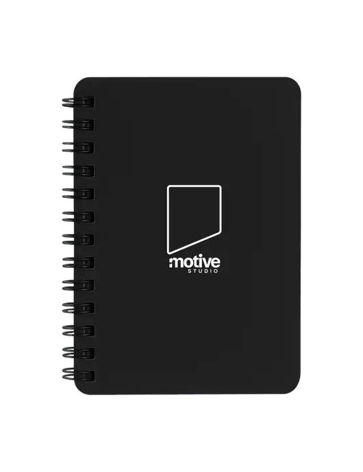 Sturdy Black Hardcover Notebook, 5.25 x 7 w/Motive Studio Logo