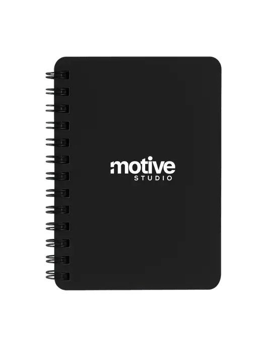 Sturdy Black Hardcover Notebook, 5.25 x 7 w/Motive Studio Logo