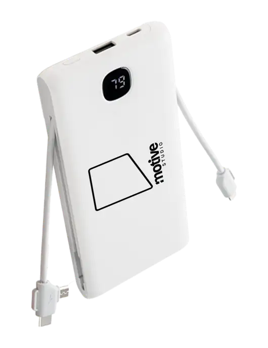 TurboBoost 10,000 mAh Power Bank w/Built-in Cables & Plug w/Motive Studio Logo