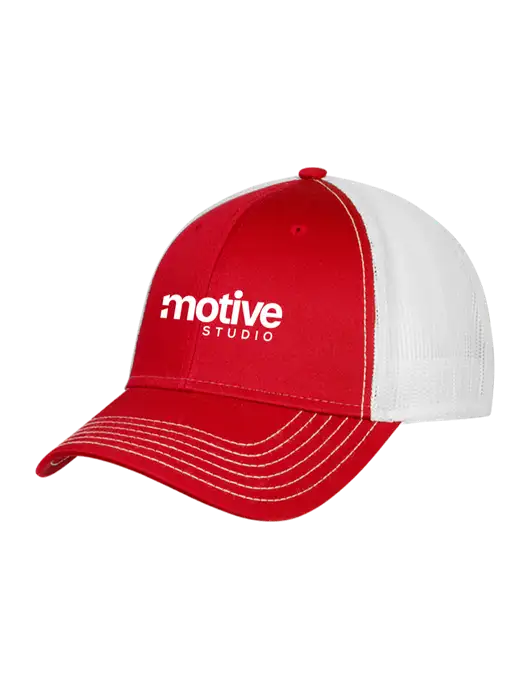 Red/White Mesh Trucker Cap Snap Back w/Motive Studio Logo
