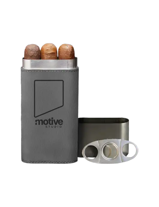 Grey Leatherette Cigar Case with Cutter w/Motive Studio Logo