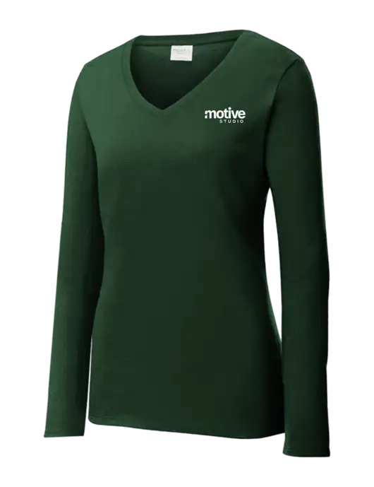 Womens  V-Neck Ring Spun Forest Green 4.5 oz Long Sleeve T-Shirt w/Motive Studio Logo