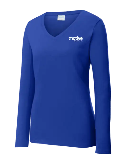 Womens  V-Neck Ring Spun Royal 4.5 oz Long Sleeve T-Shirt w/Motive Studio Logo