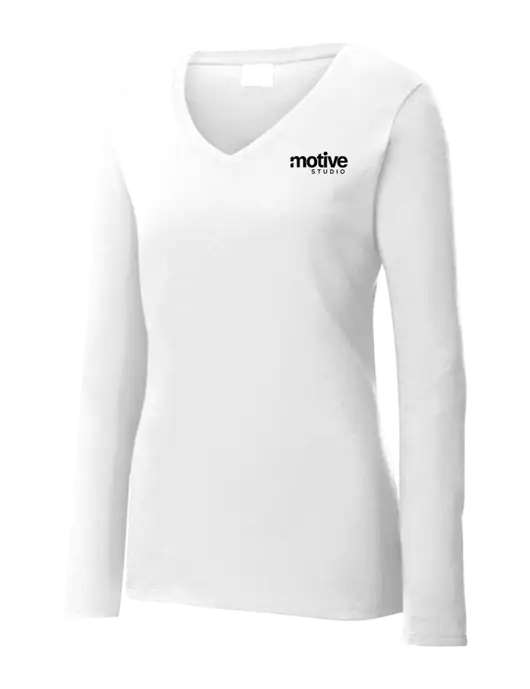 Womens  V-Neck Ring Spun White 4.5 oz Long Sleeve T-Shirt w/Motive Studio Logo