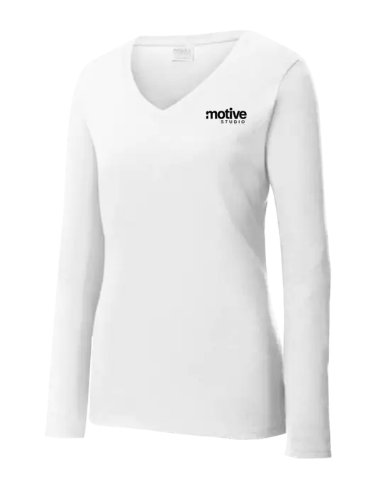 Womens  V-Neck Ring Spun White 4.5 oz Long Sleeve T-Shirt w/Motive Studio Logo