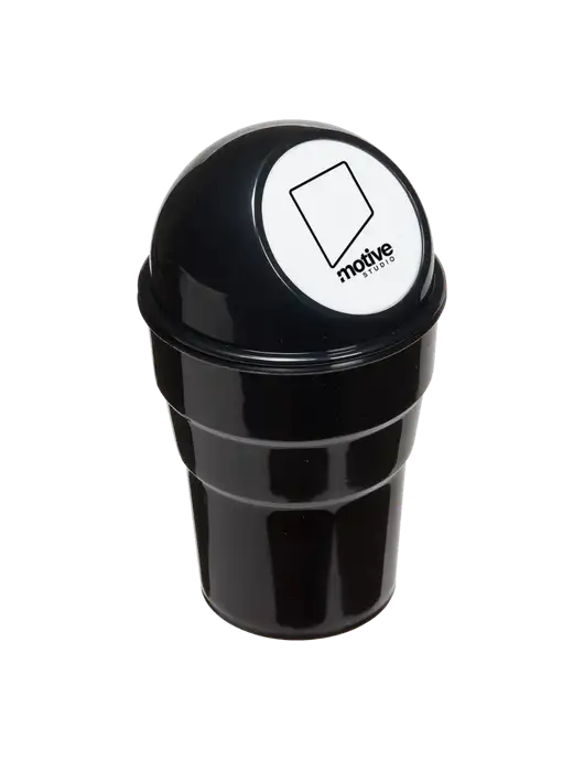 Black Car Cup Holder Trash Can w/Motive Studio Logo