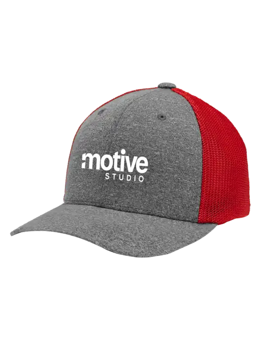 Flexfit Red/Medium Grey Heather Melange Mesh Back Trucker Cap w/Motive Studio Logo