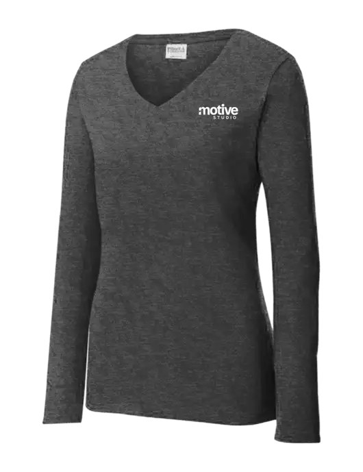 Womens  V-Neck Ring Spun Dark Heather Grey 4.5 oz Long Sleeve T-Shirt w/Motive Studio Logo