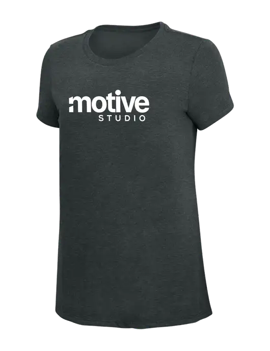 Womens Simply Soft Black Frost 4.5oz Poly/Combed Ring Spun Cotton T-Shirt w/Motive Studio Logo