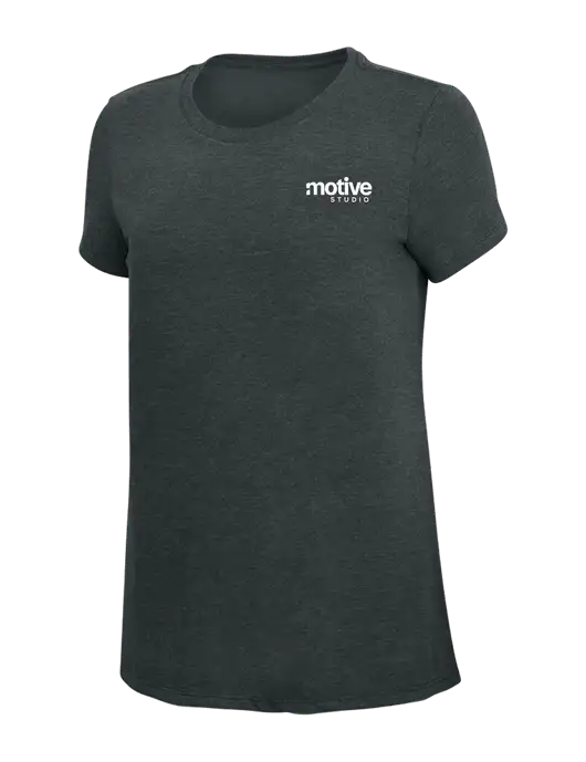Womens Simply Soft Black Frost 4.5oz Poly/Combed Ring Spun Cotton T-Shirt w/Motive Studio Logo