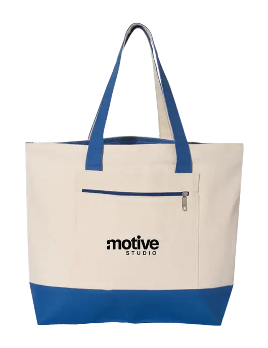 Natural/Royal Zippered Tote  w/Motive Studio Logo
