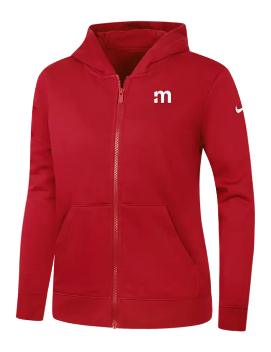 Nike Womens Club Fleece Sleeve Swoosh Full-Zip Red Hoodie w/m Icon Logo