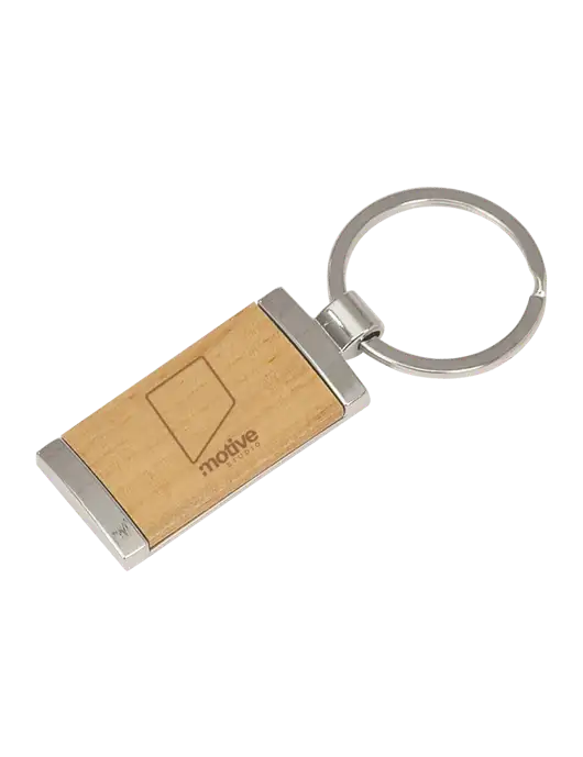 Wood & Silver Rectangle Keychain w/Motive Studio Logo