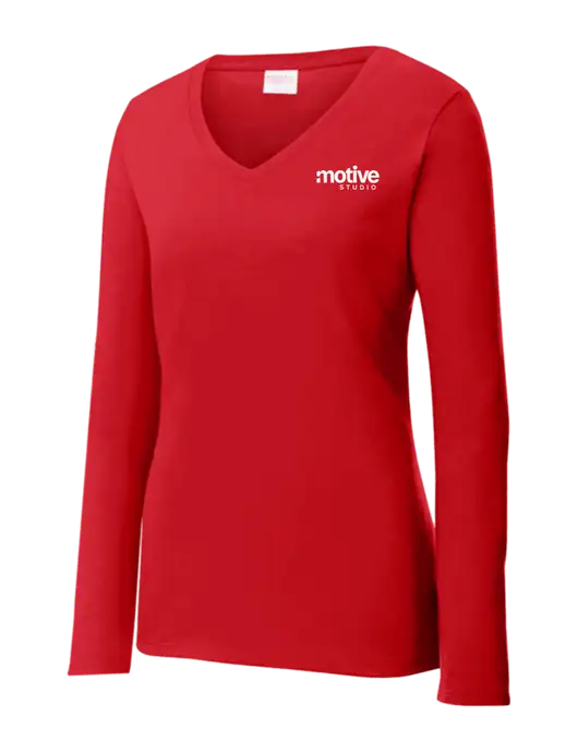 Womens  V-Neck Ring Spun Bright Red 4.5 oz Long Sleeve T-Shirt w/Motive Studio Logo