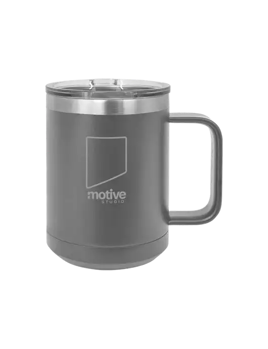 Polar Camel 15 oz Powder Coated Grey Vacuum Insulated Mug with Slider Lid w/Motive Studio Logo