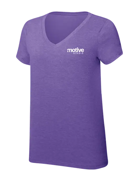 Womens Simply Soft V-Neck Purple Frost 4.5oz  Poly/Combed Ring Spun Cotton T-Shirt w/Motive Studio Logo