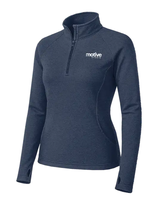Navy Heather Womens Sport Wick Stretch 1/4 Zip Pullover w/Motive Studio Logo