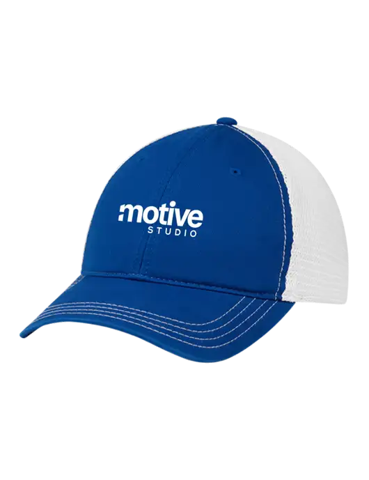 Richardson 111 Garment Washed Trucker Cap Royal w/White Mesh w/Motive Studio Logo