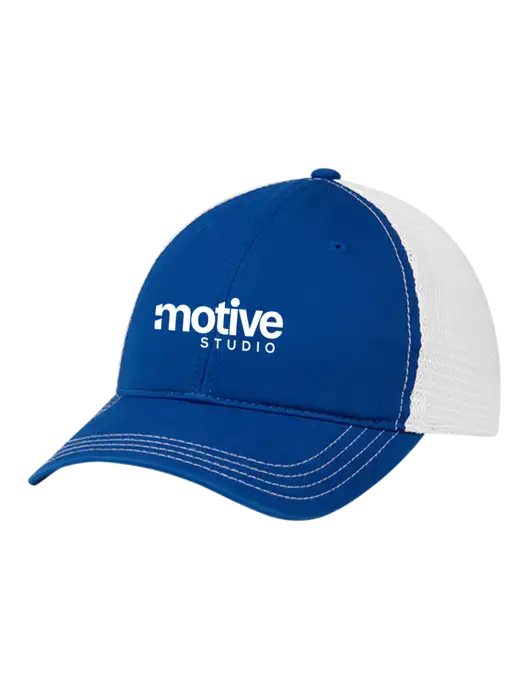 Richardson 111 Garment Washed Trucker Cap Royal w/White Mesh w/Motive Studio Logo