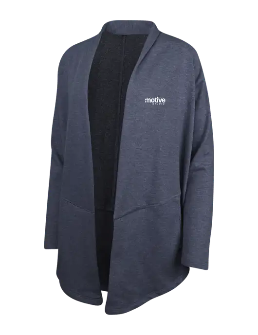 Estate Blue Heather/Charcoal Heather Womens Interlock Cardigan w/Motive Studio Logo