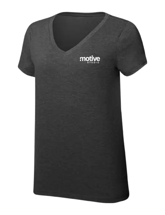 Womens Simply Soft V-Neck Black Frost 4.5oz  Poly/Combed Ring Spun Cotton T-Shirt w/Motive Studio Logo