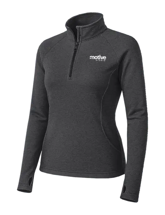 Dark Grey Heather Womens Sport Wick Stretch 1/4 Zip Pullover w/Motive Studio Logo