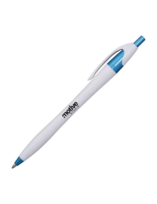 Novella White/Blue Shimmer Pen - Blue Ink w/Motive Studio Logo