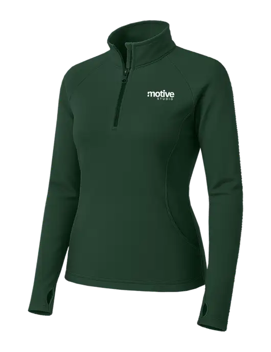 Dark Green Womens Sport Wick Stretch 1/4 Zip Pullover w/Motive Studio Logo