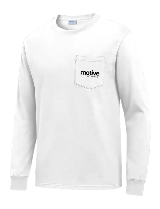 White Long Sleeve Heavyweight 6.1 oz Pocket T-Shirt w/Motive Studio Logo